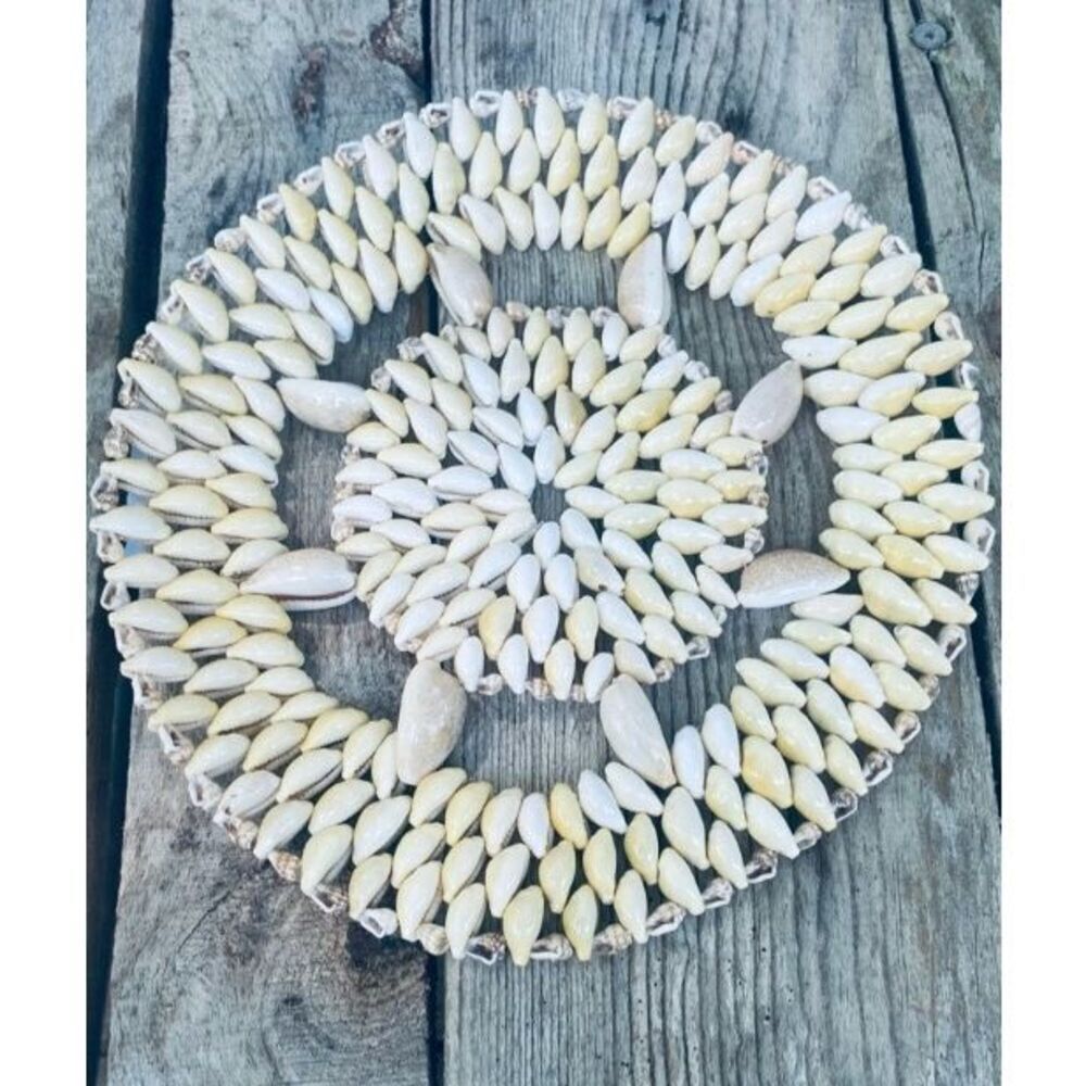 Vintage Handmade Coastal Shell Trivet Round Hot Pad Boho Nautical Beach Decor
